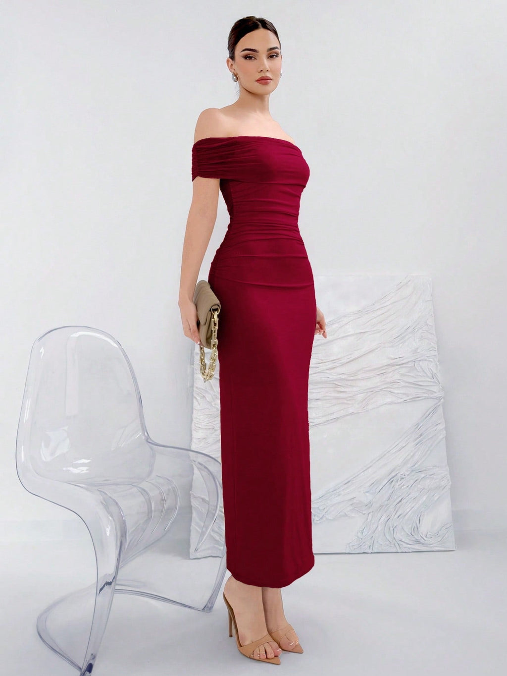 Elegant Ruched Off-Shoulder Bodycon Dress For Summer