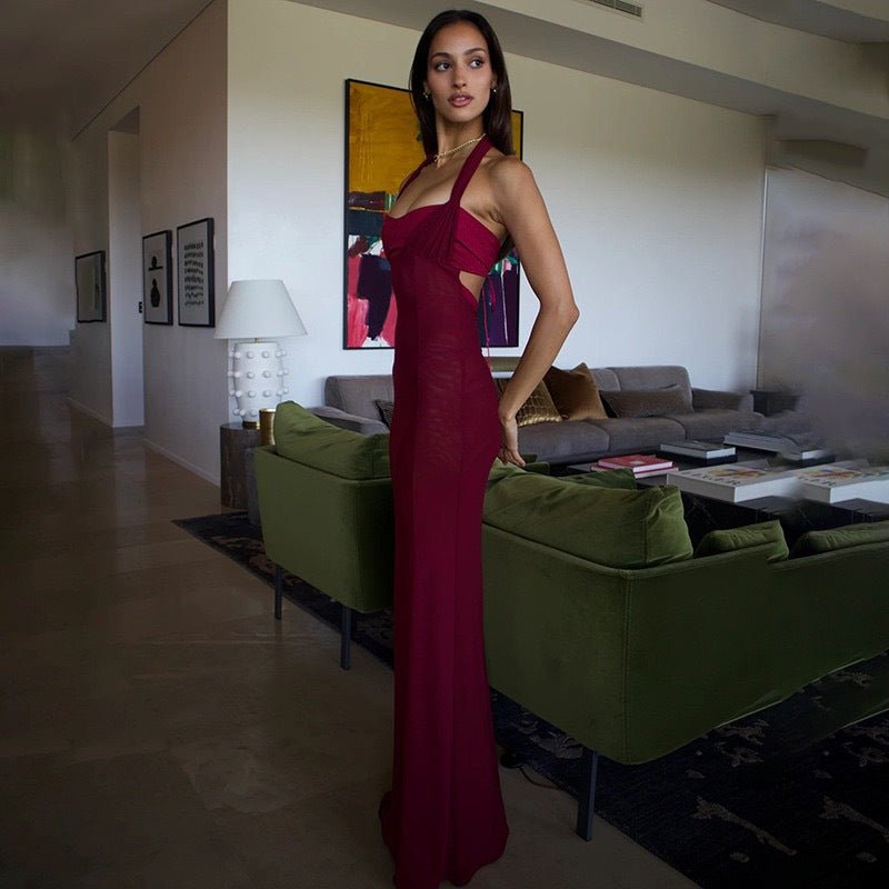 European women's halter neck slim stitching exposed backpack bodycon dress