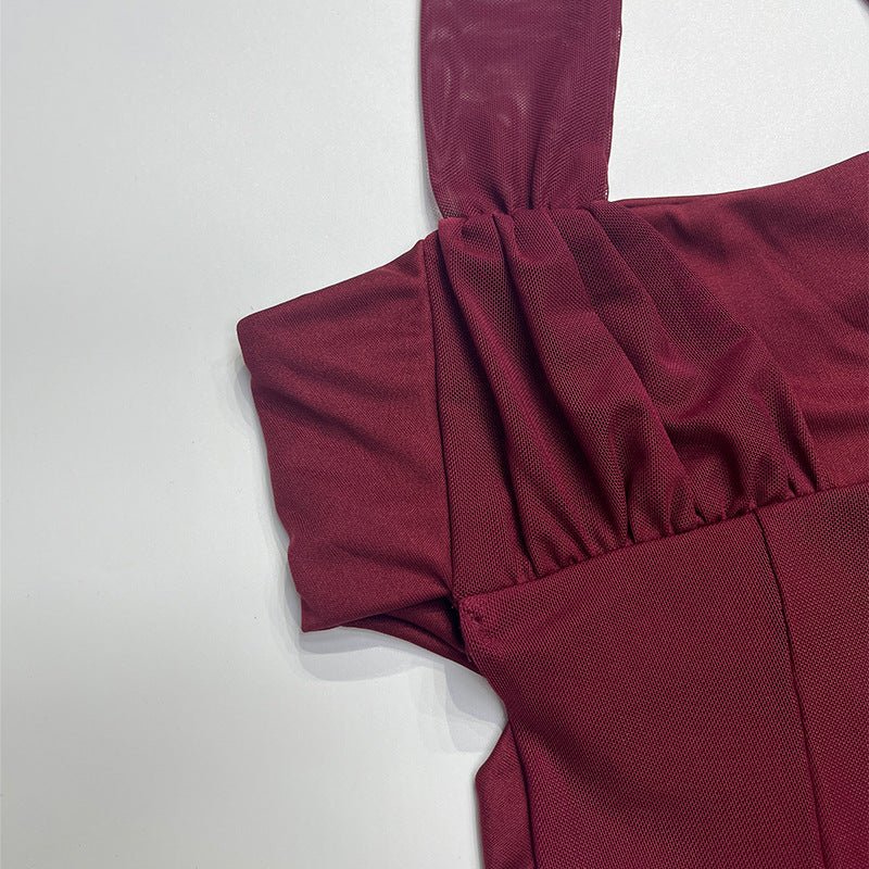 European women's halter neck slim stitching exposed backpack bodycon dress