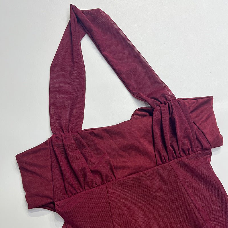 European women's halter neck slim stitching exposed backpack bodycon dress