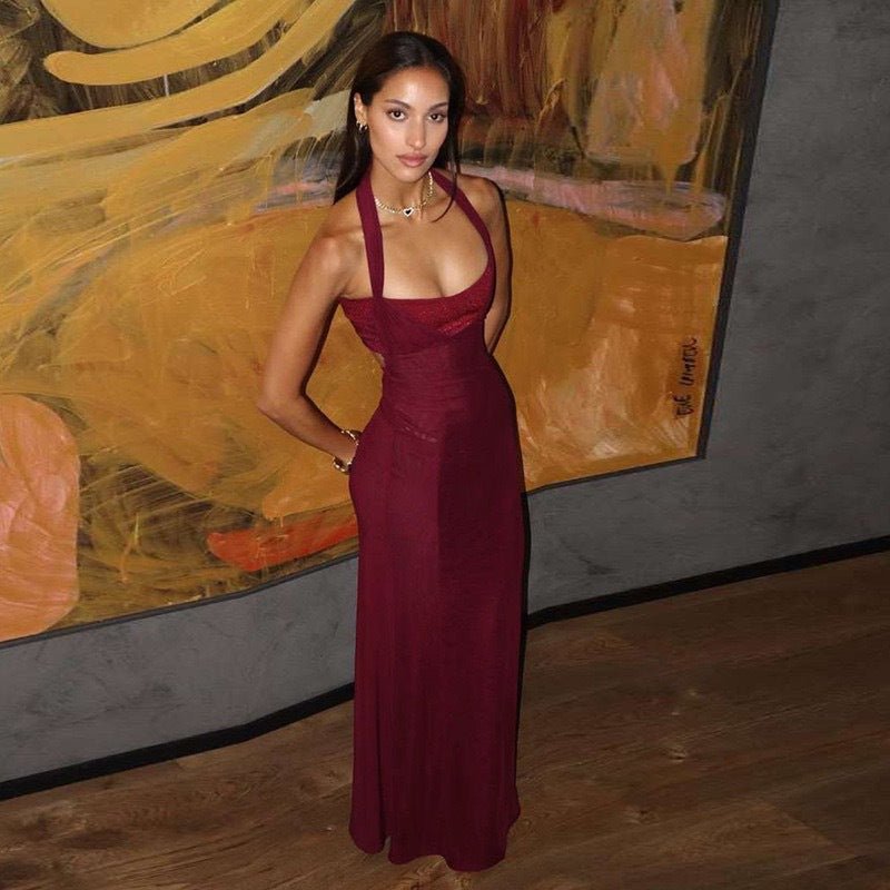 European women's halter neck slim stitching exposed backpack bodycon dress