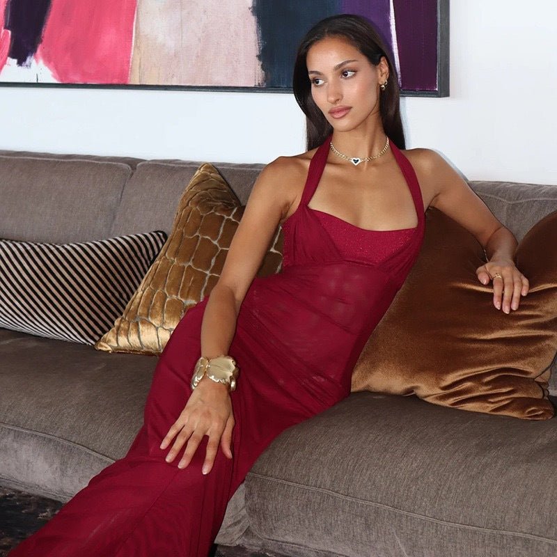 European women's halter neck slim stitching exposed backpack bodycon dress