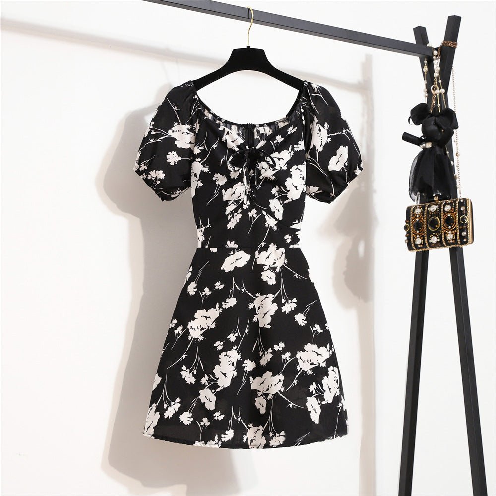 Floral chiffon dress women's summer new niche versatile lace-up primer short skirt short sleeve