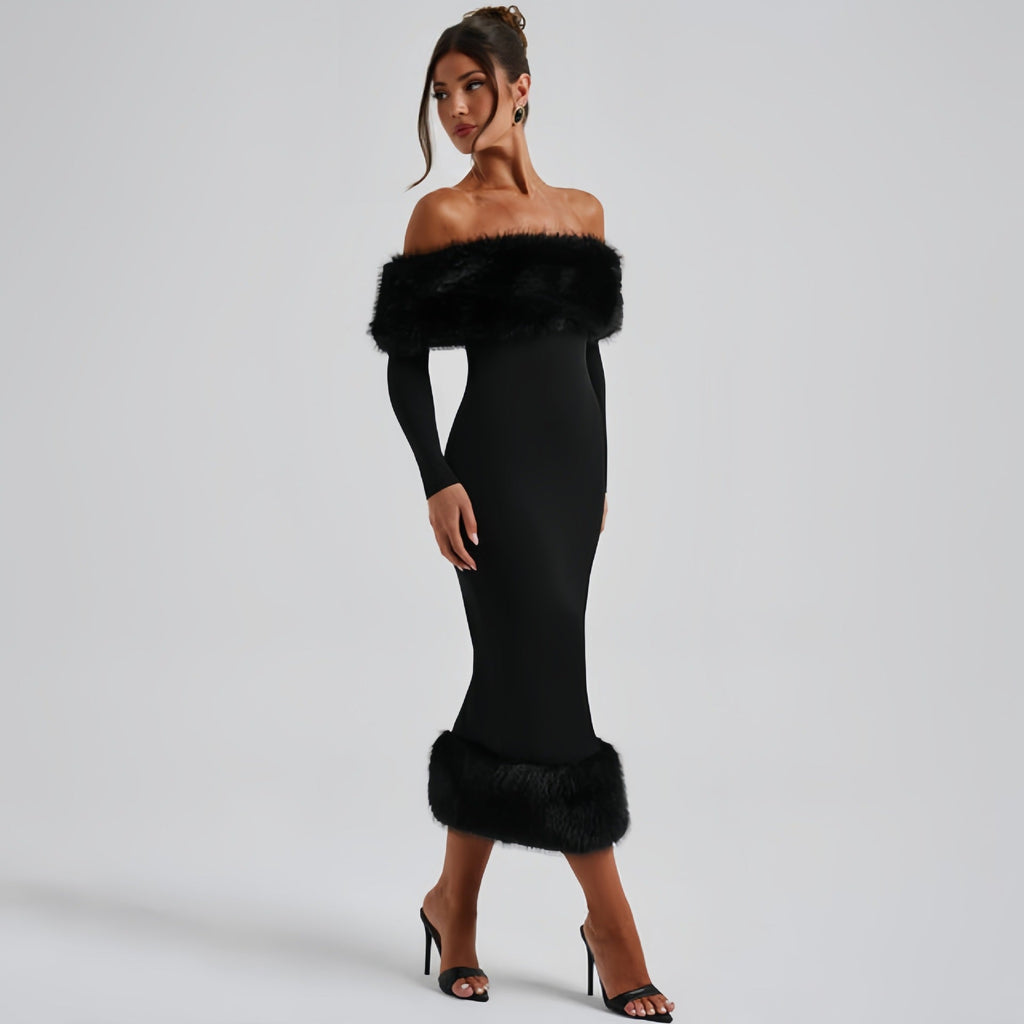 Fur collar one-shoulder long-sleeved slim evening dress