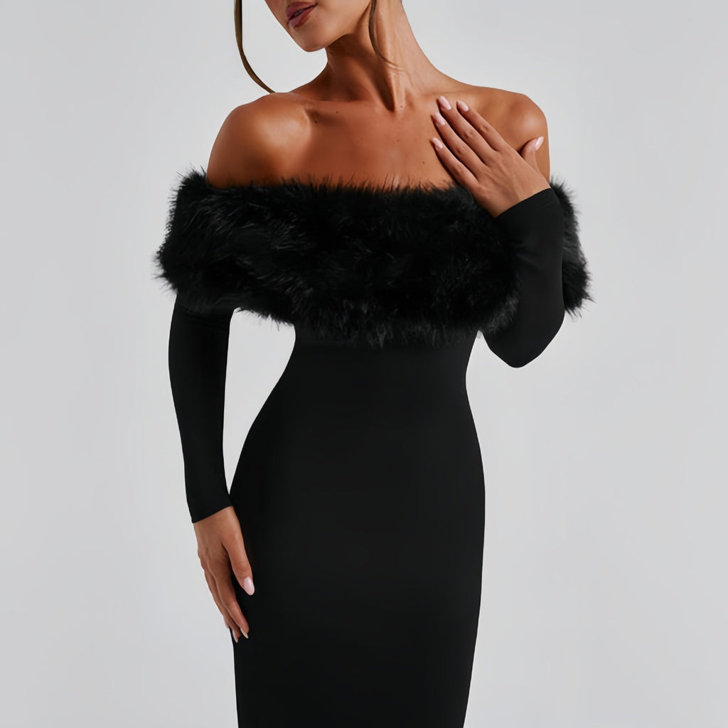 Fur collar one-shoulder long-sleeved slim evening dress