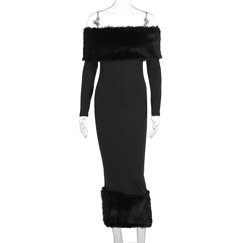 Fur collar one-shoulder long-sleeved slim evening dress