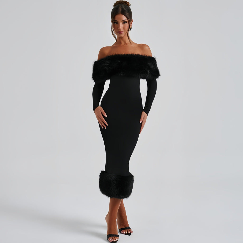 Fur collar one-shoulder long-sleeved slim evening dress