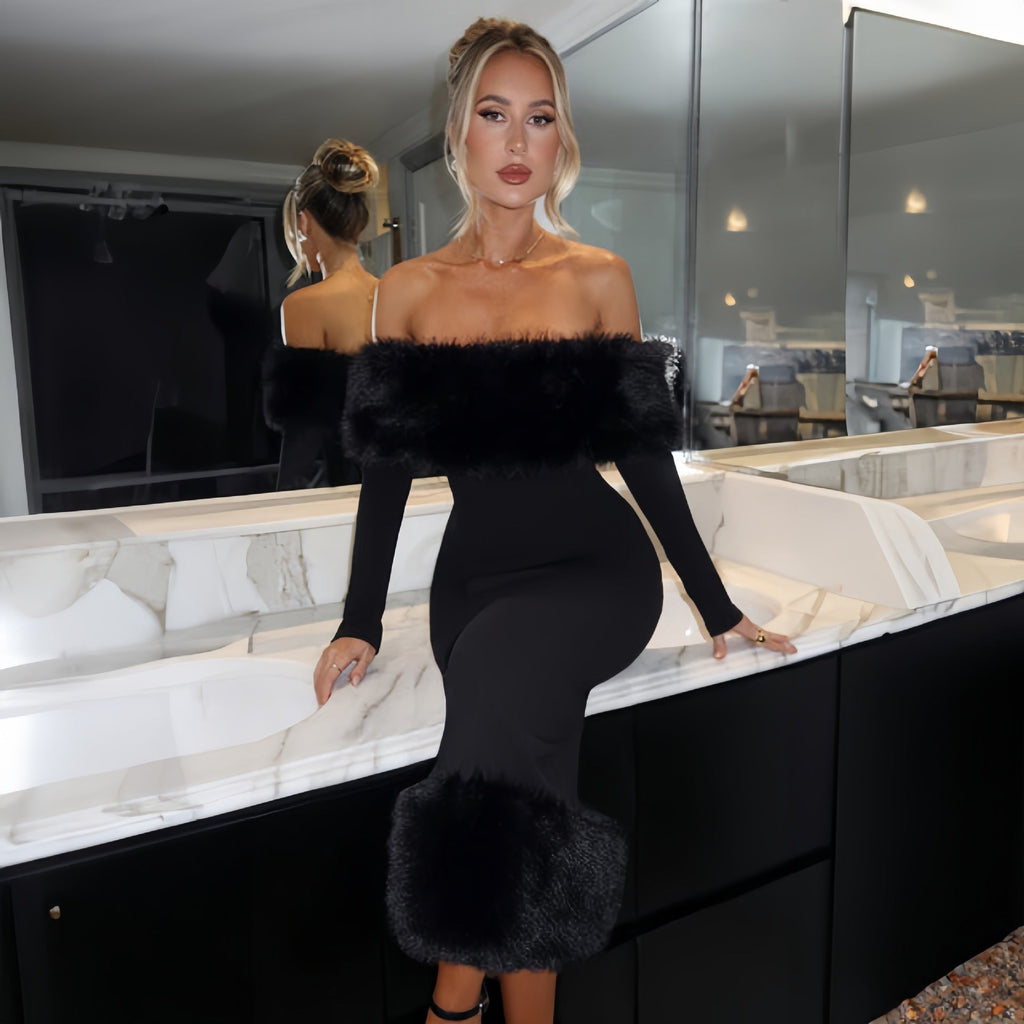 Fur collar one-shoulder long-sleeved slim evening dress