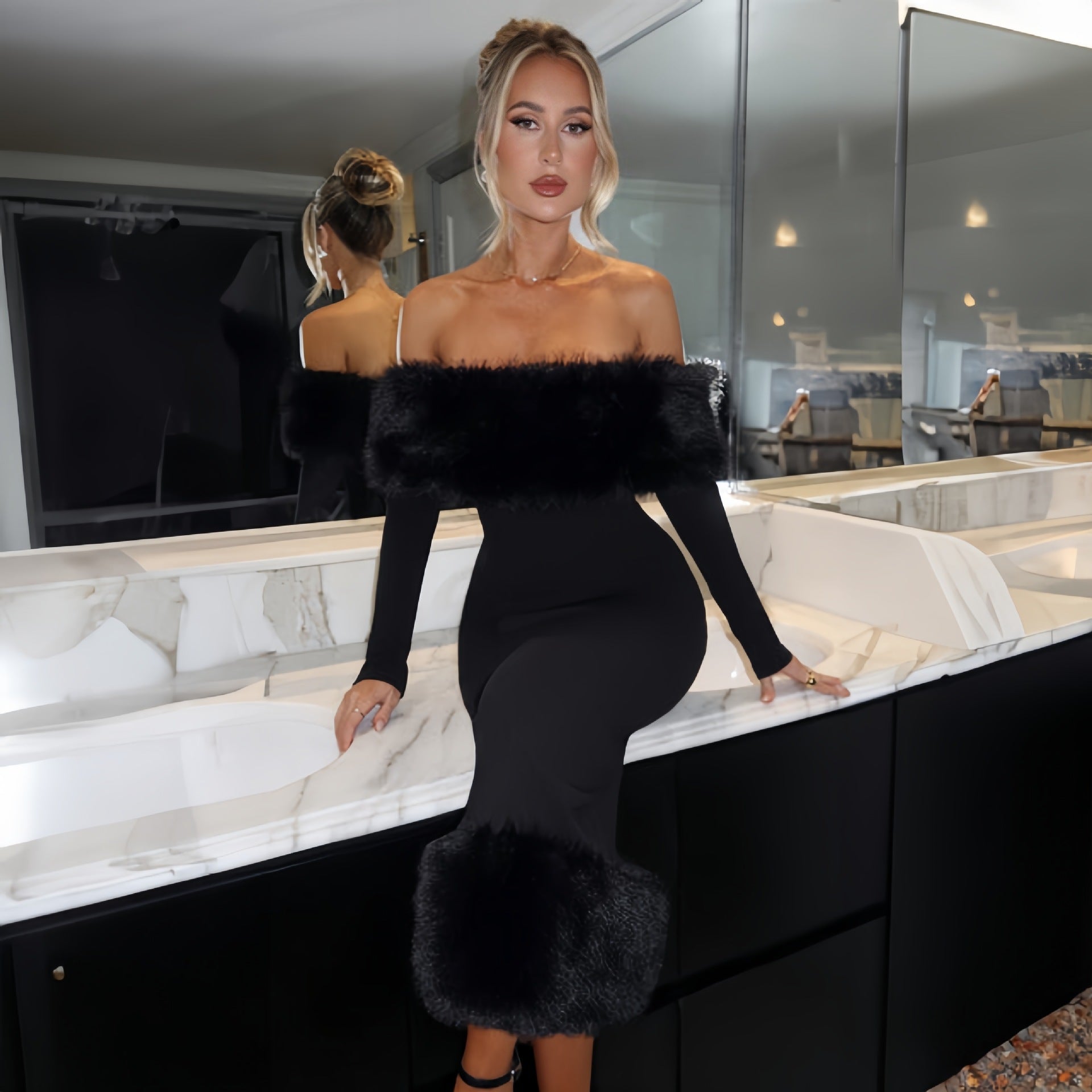 Fur collar one-shoulder long-sleeved slim evening dress