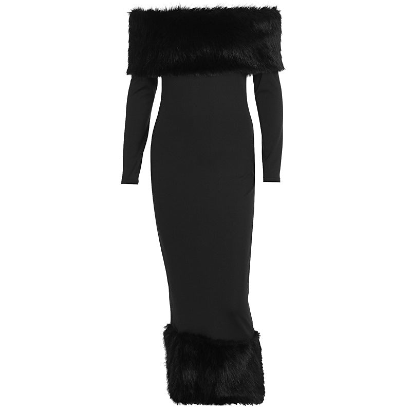 Fur collar one-shoulder long-sleeved slim evening dress
