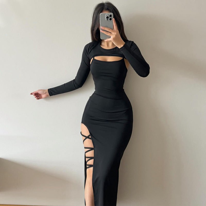 Long-sleeved shawl straps sxy sling slit bodycon dress