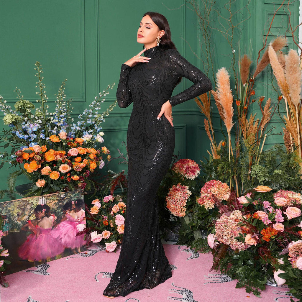 Long-sleeved temperament round neck sxy slim long sequined banquet evening dress bridesmaid dress