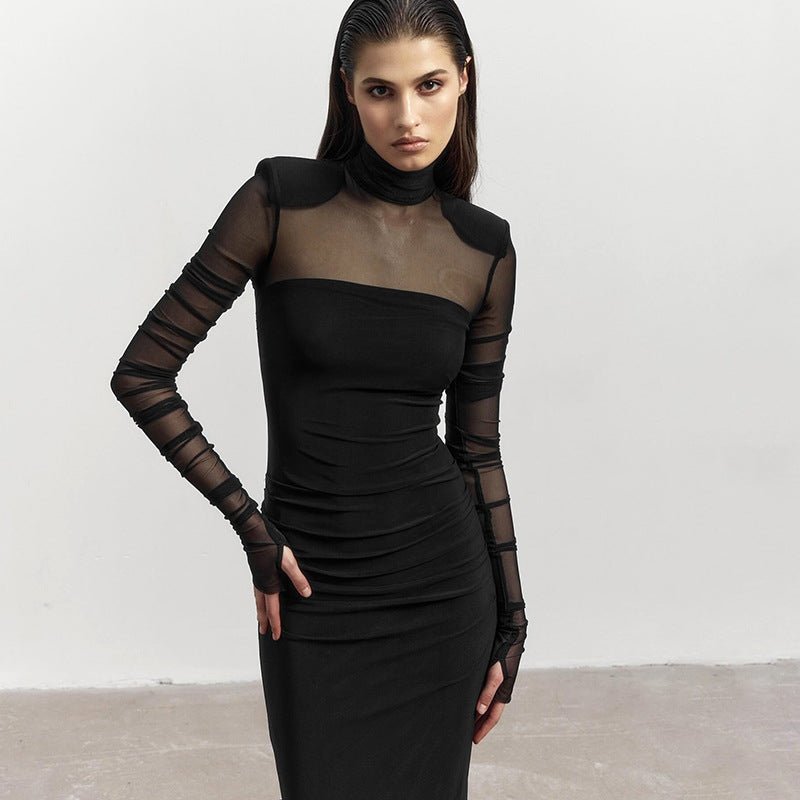 Mesh splicing finger sleeve long sleeve high collar slim bodycon long dress