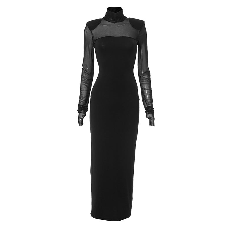 Mesh splicing finger sleeve long sleeve high collar slim bodycon long dress