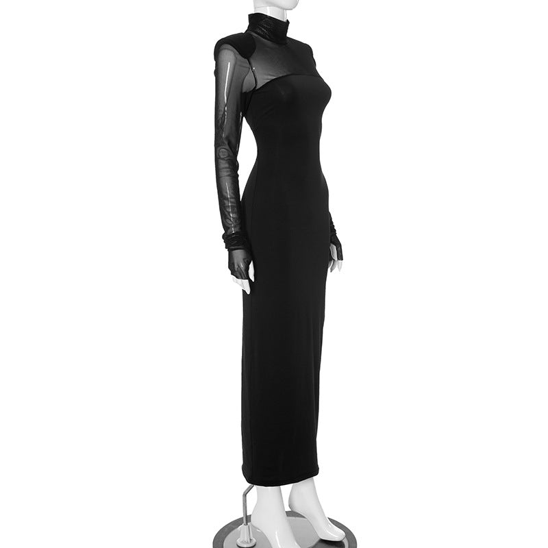 Mesh splicing finger sleeve long sleeve high collar slim bodycon long dress