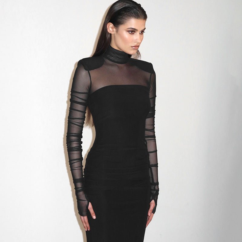 Mesh splicing finger sleeve long sleeve high collar slim bodycon long dress