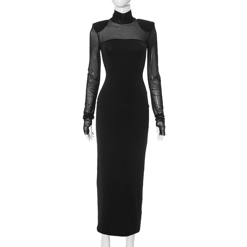 Mesh splicing finger sleeve long sleeve high collar slim bodycon long dress