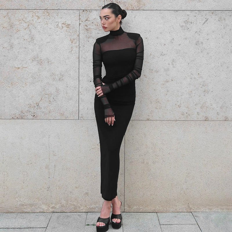 Mesh splicing finger sleeve long sleeve high collar slim bodycon long dress