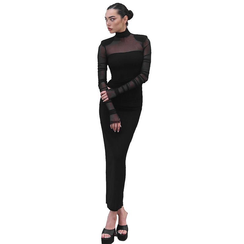 Mesh splicing finger sleeve long sleeve high collar slim bodycon long dress