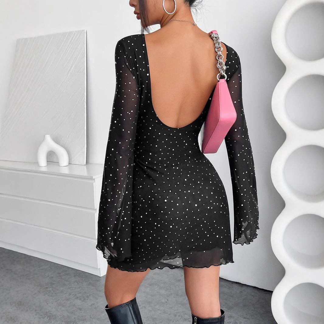 New elegant women's black mesh sequins backless slim long-sleeved jumpsuit