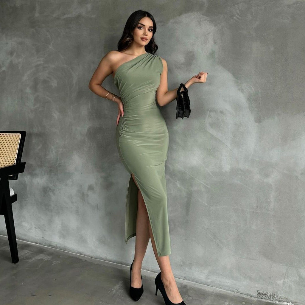 New style oblique shoulder solid color slit sleeveless party dress