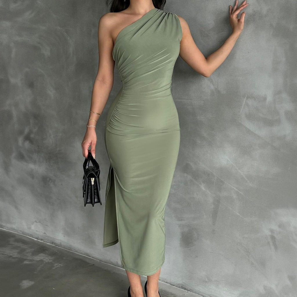 New style oblique shoulder solid color slit sleeveless party dress