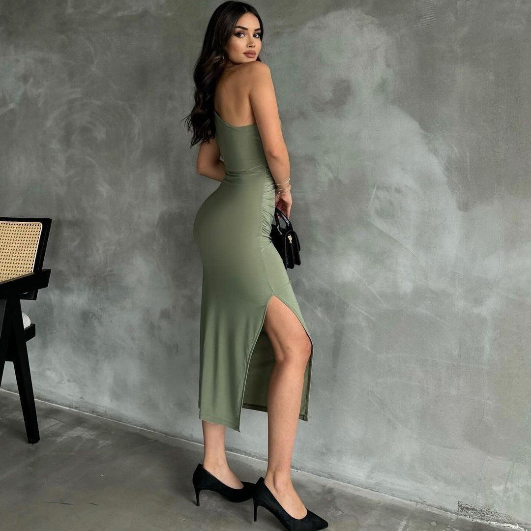 New style oblique shoulder solid color slit sleeveless party dress