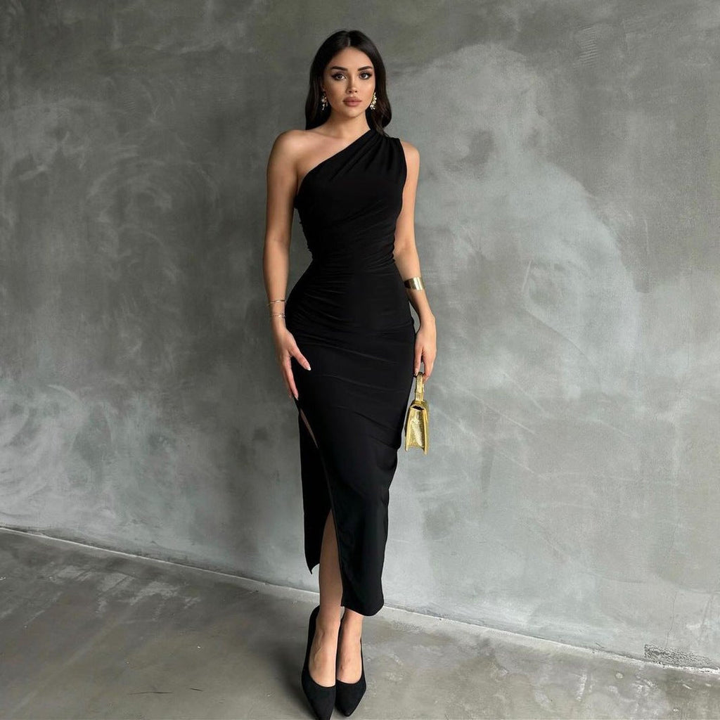 New style oblique shoulder solid color slit sleeveless party dress
