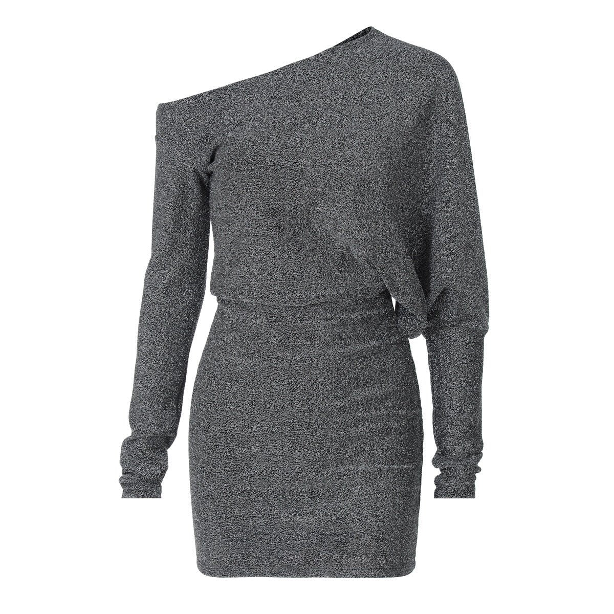 Oblique collar off-shoulder long sleeve composite bright silk fabric waist slimming bodycon dress