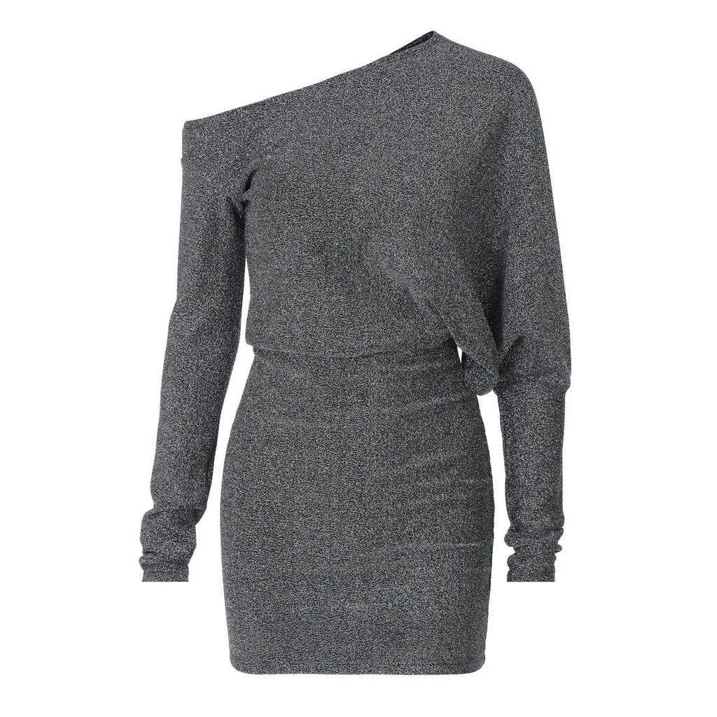 Oblique collar off-shoulder long sleeve composite bright silk fabric waist slimming bodycon dress