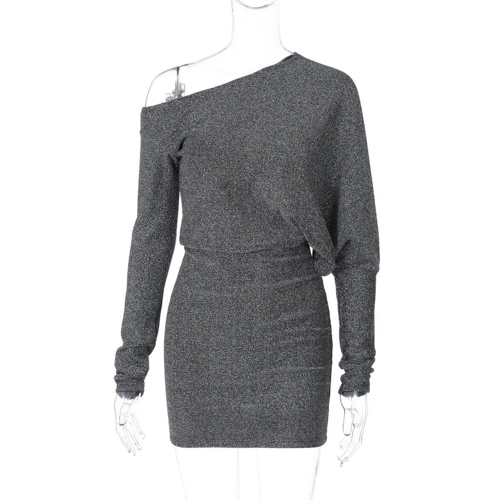 Oblique collar off-shoulder long sleeve composite bright silk fabric waist slimming bodycon dress