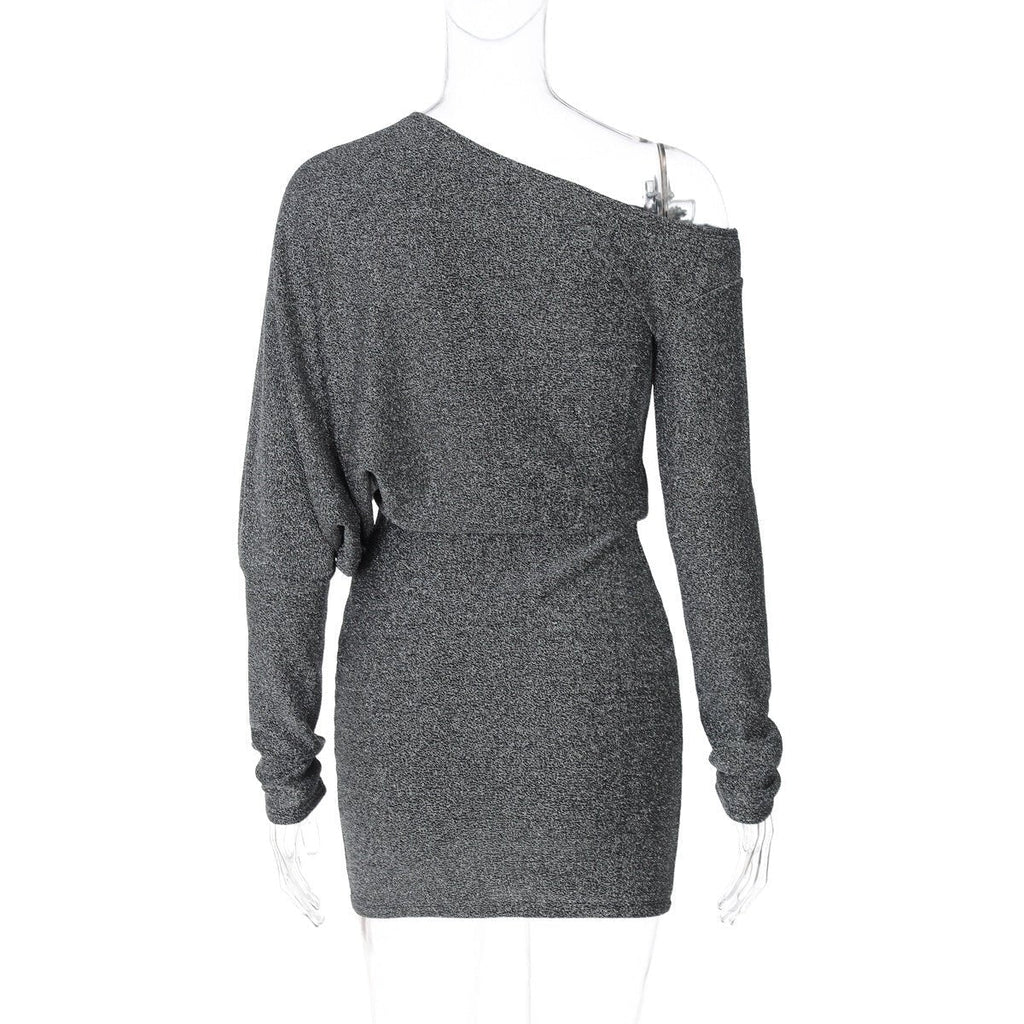 Oblique collar off-shoulder long sleeve composite bright silk fabric waist slimming bodycon dress