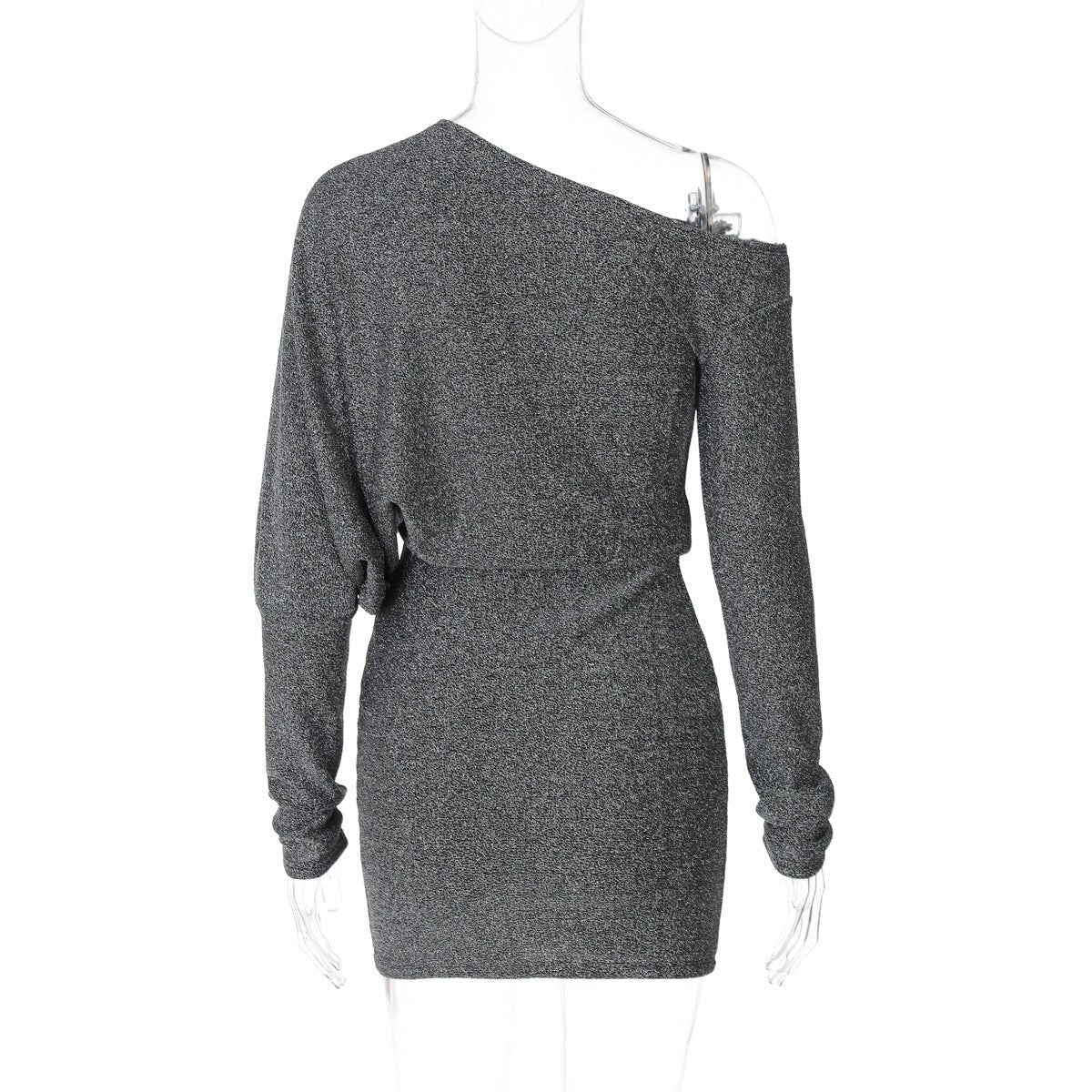 Oblique collar off-shoulder long sleeve composite bright silk fabric waist slimming bodycon dress