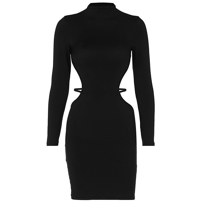 Sxy slim long-sleeved backless solid color bodycon dress