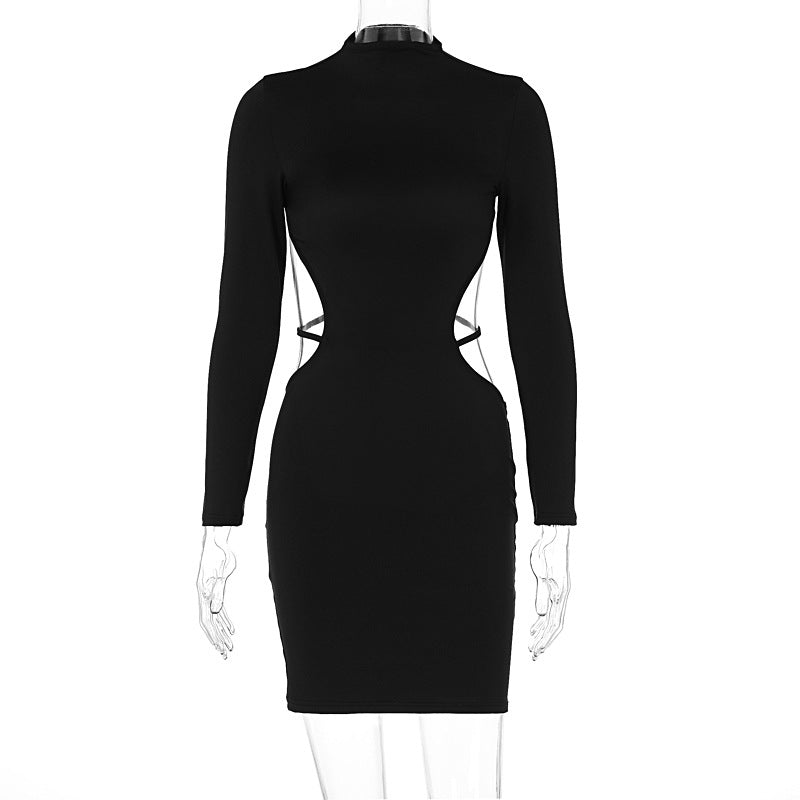 Sxy slim long-sleeved backless solid color bodycon dress
