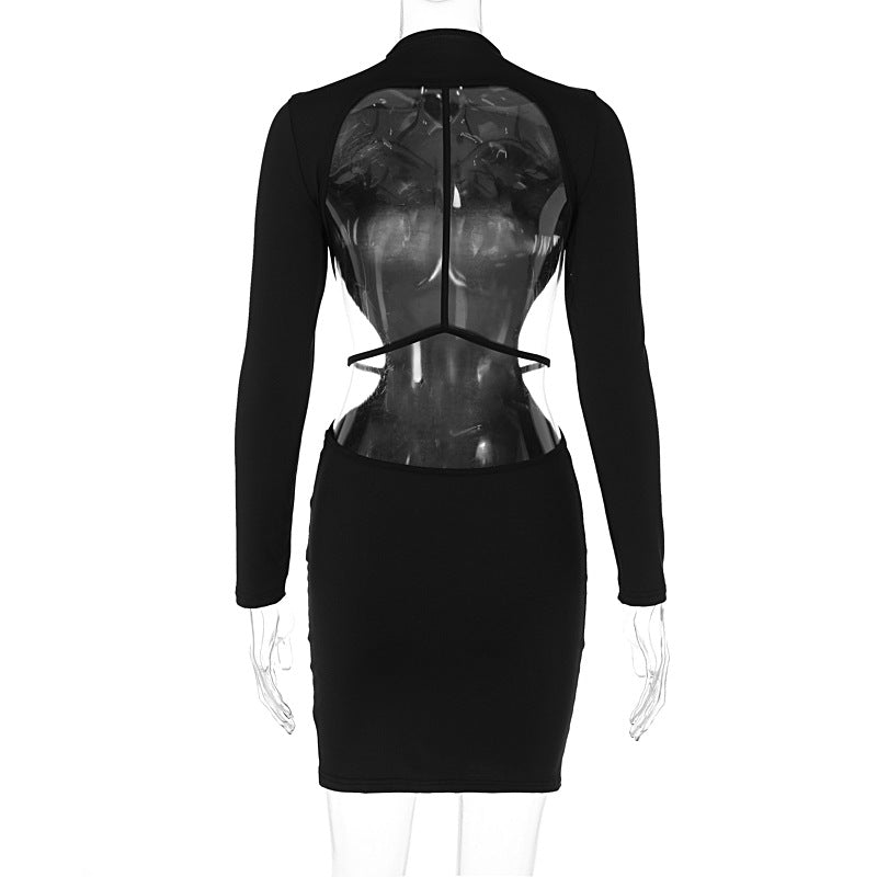 Sxy slim long-sleeved backless solid color bodycon dress