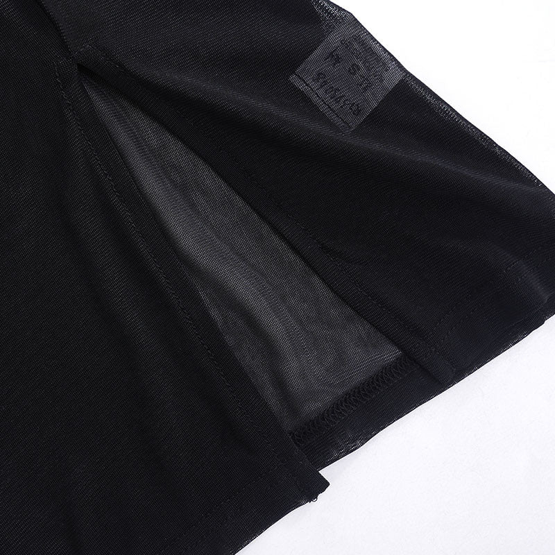 Spring new style pure color mesh long sleeve slit short dress