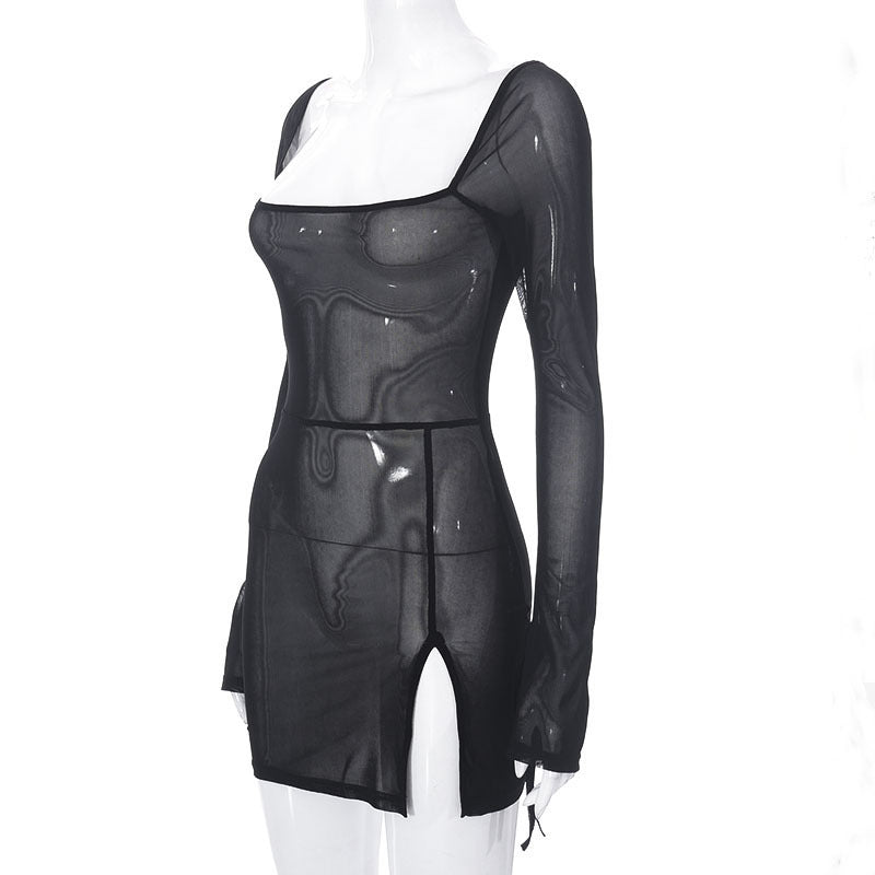 Spring new style pure color mesh long sleeve slit short dress