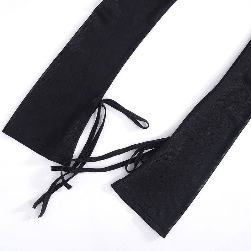 Spring new style pure color mesh long sleeve slit short dress