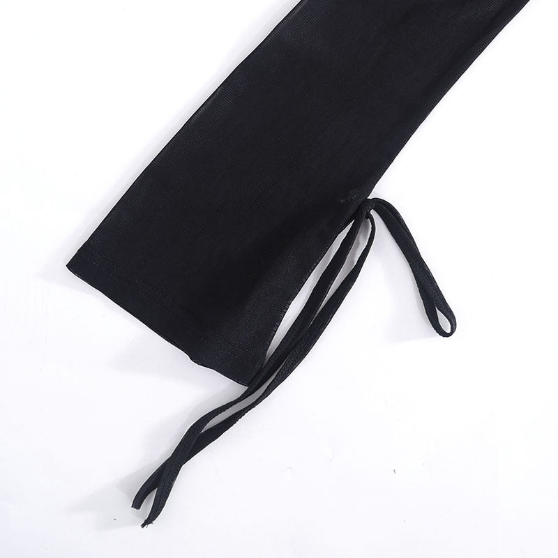 Spring new style pure color mesh long sleeve slit short dress