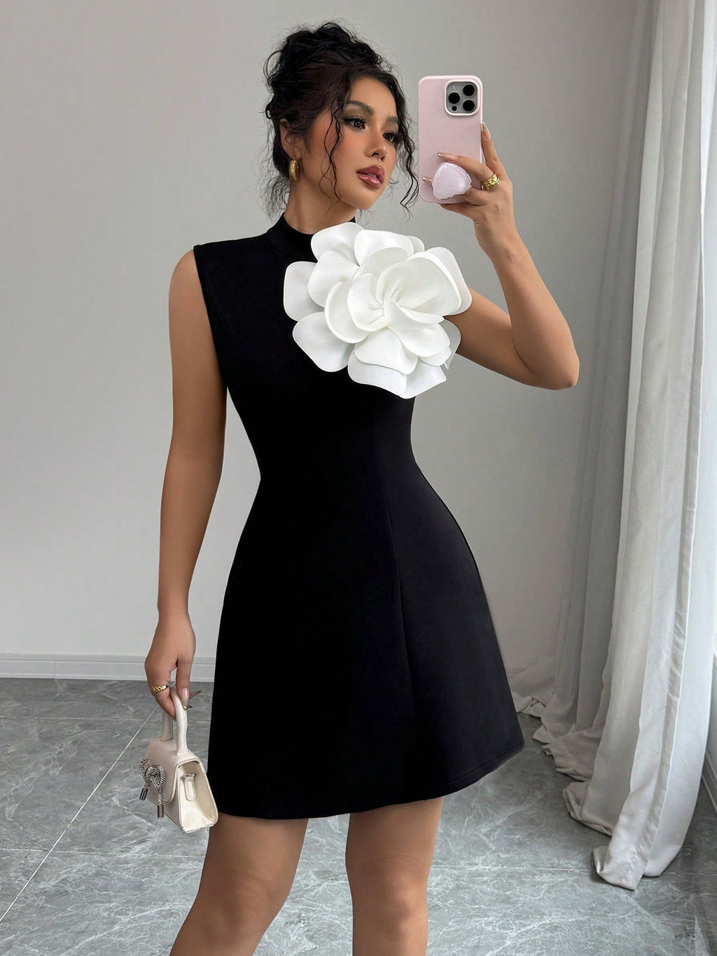 Stand Collar Waist-Cinched Fitted A-Line Mini Dress With Floral Applique, Elegant For Holiday, Commute & Vacation, Contrast Color