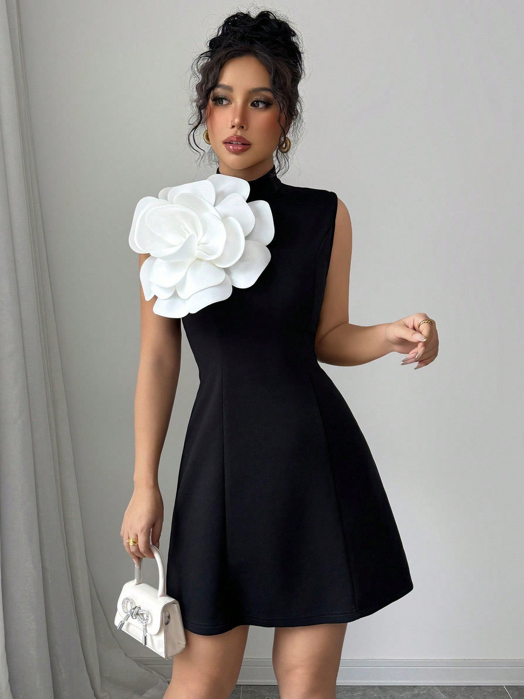 Stand Collar Waist-Cinched Fitted A-Line Mini Dress With Floral Applique, Elegant For Holiday, Commute & Vacation, Contrast Color