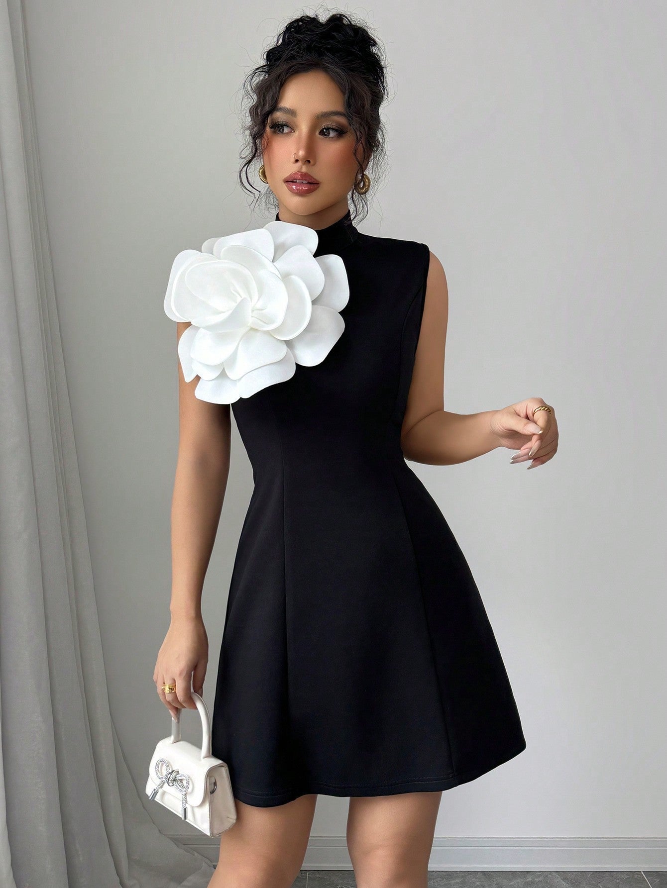 Stand Collar Waist-Cinched Fitted A-Line Mini Dress With Floral Applique, Elegant For Holiday, Commute & Vacation, Contrast Color