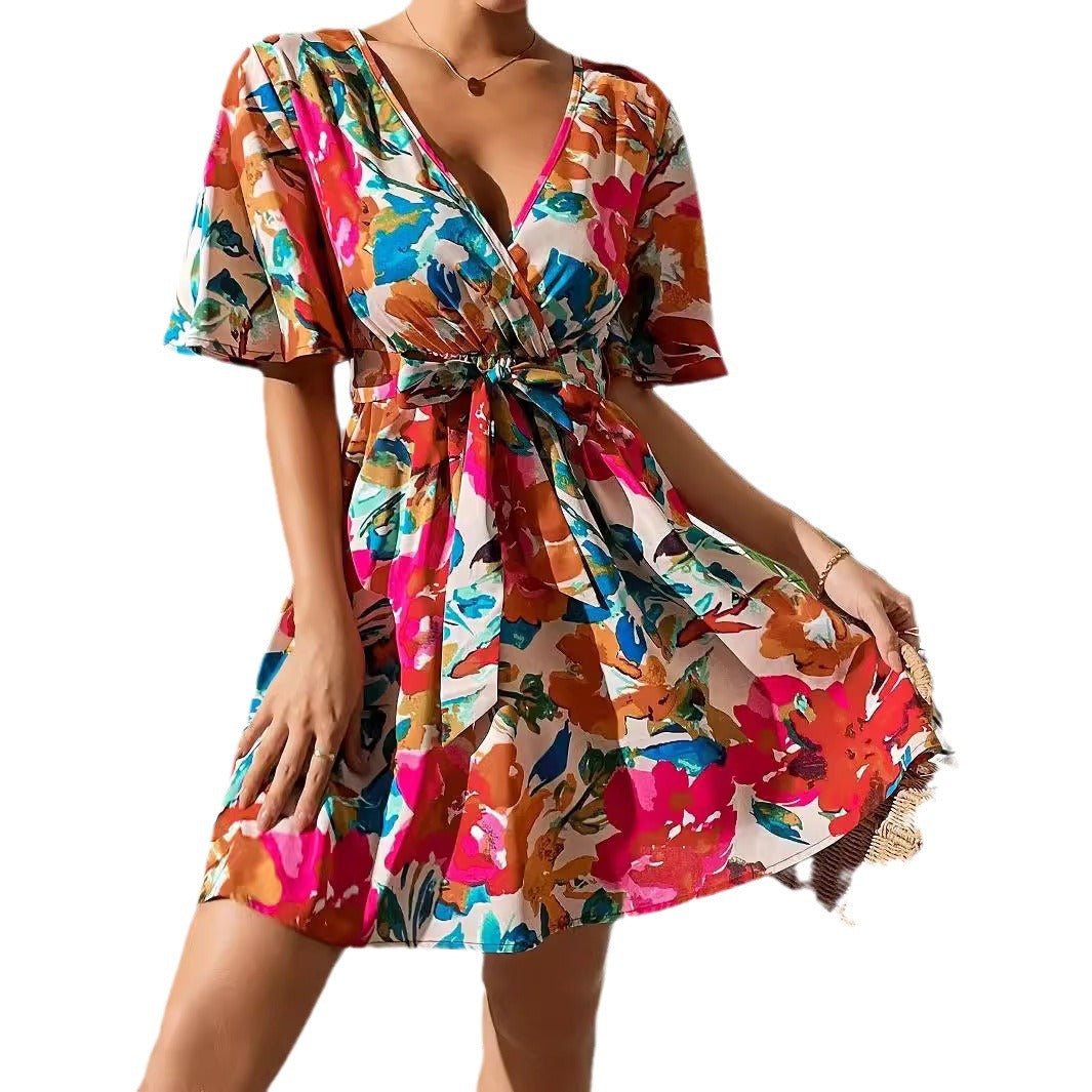 Flower print cross-neck belt dress