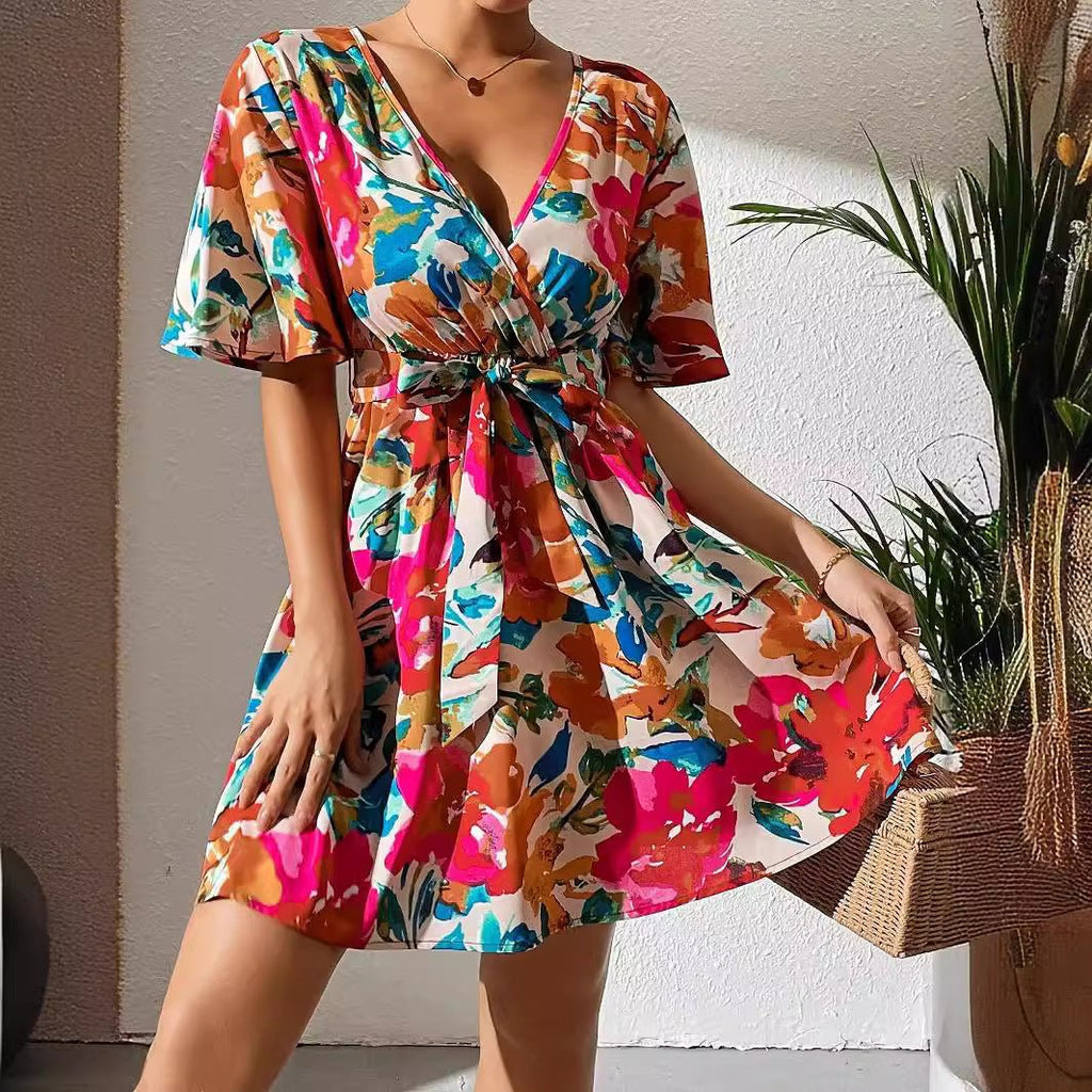 Flower print cross-neck belt dress