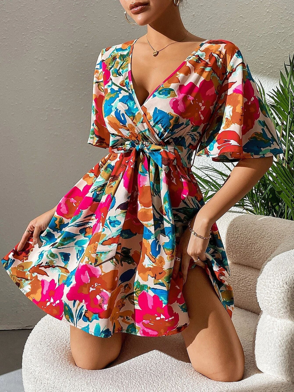 Flower print cross-neck belt dress