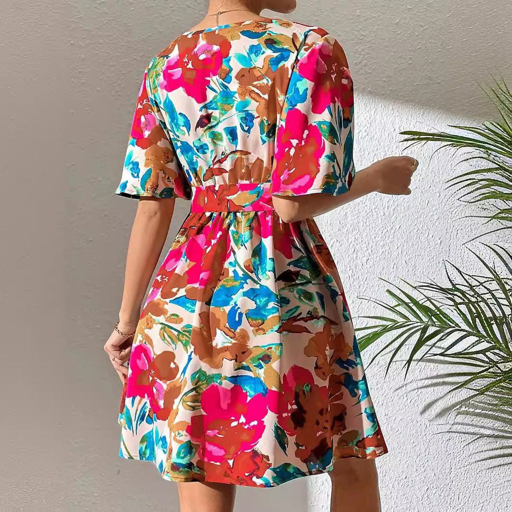 Flower print cross-neck belt dress