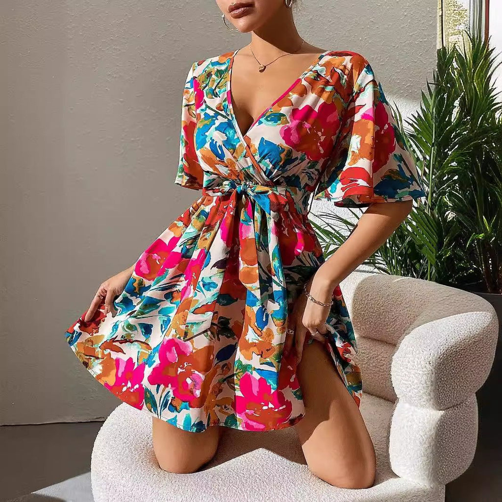 Flower print cross-neck belt dress