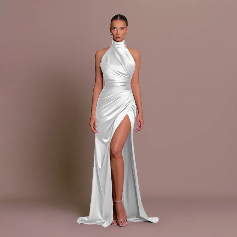 Summer new style stand collar long dress European and American style halter neck sleeveless slit slim dress