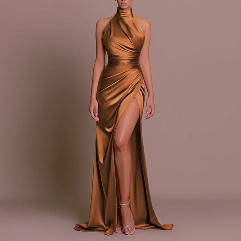 Summer new style stand collar long dress European and American style halter neck sleeveless slit slim dress
